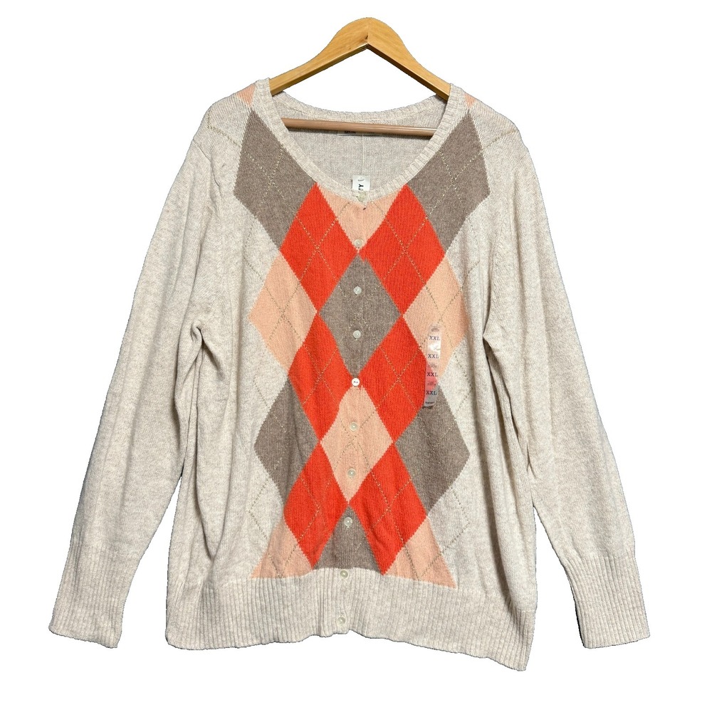 Old Navy Argyle Cardigan Sweater XXL Beige Orange Preppy Grandmacore Geek NWT